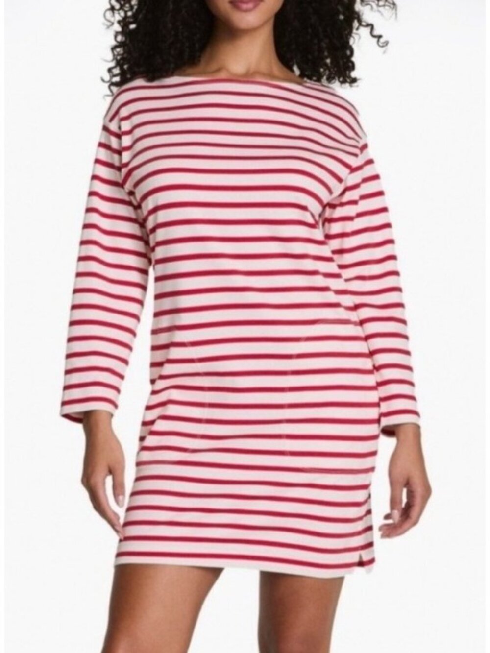 NEW Spanx Cool Cotton Boatneck Dress Yacht Stripe Red Stripe Medium Long-Sleeve
